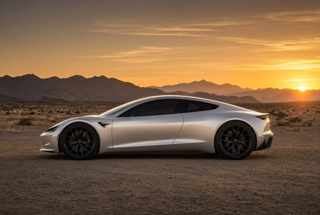 Sleek silver Tesla Roadster 2 side profile in a desert landscape at sunset