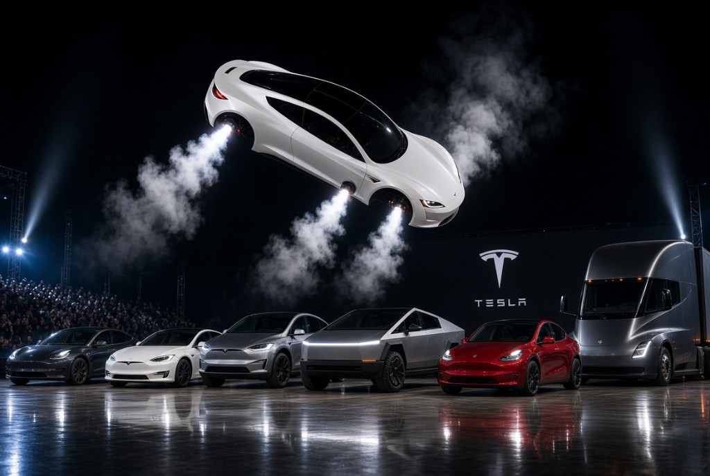 Tesla Roadster flying with thrusters over Tesla's lineup of vehicles on an event stage