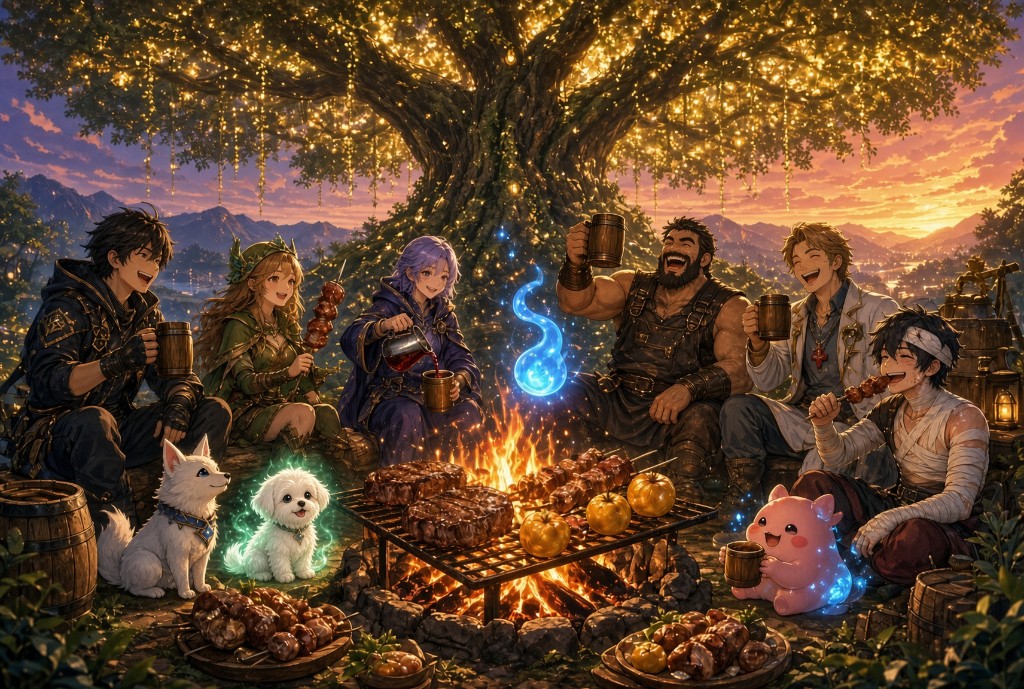Campfire feast in Modern Oasis, with Podong.