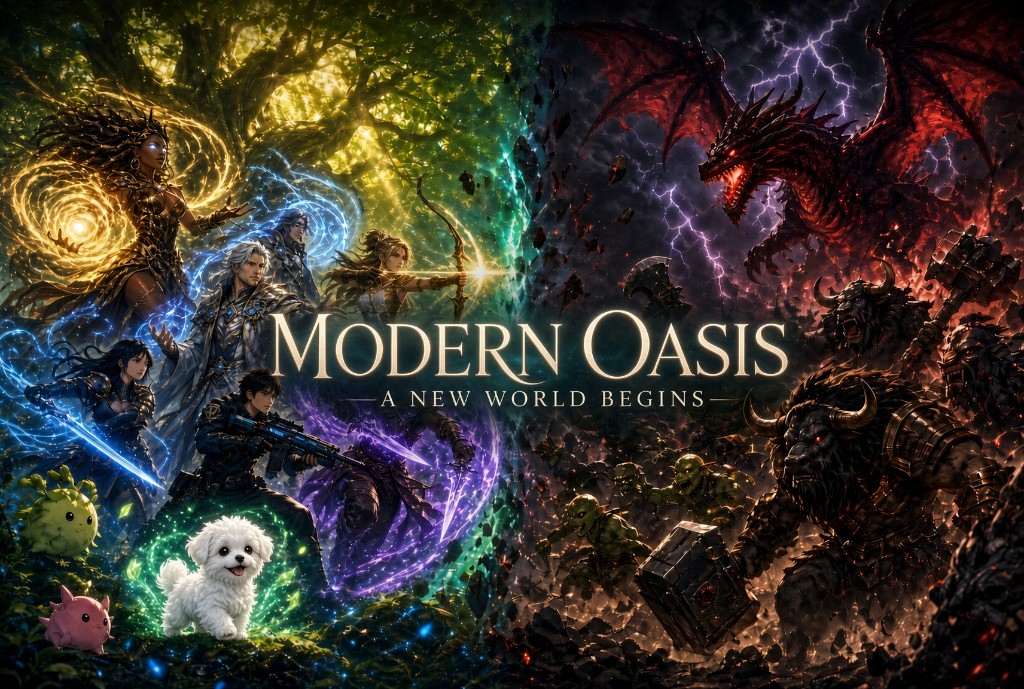 Modern Oasis poster, with Podong in front.